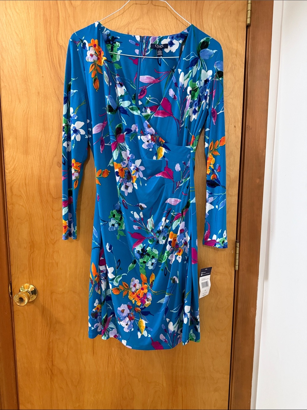 Chaps Teal Floral Long-Sleeve Faux-Wrap Dress